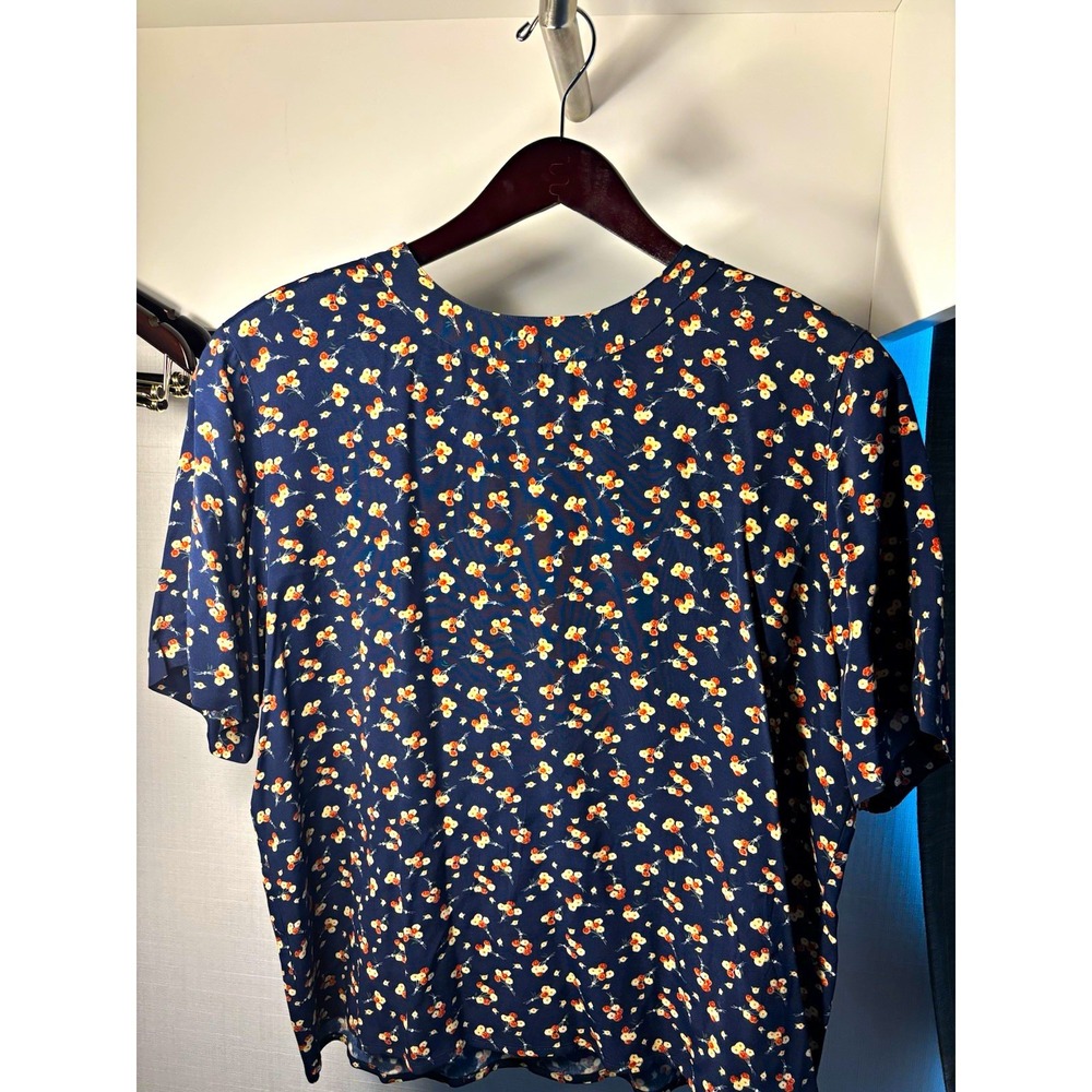 Talbots Navy Floral Short Sleeve Blouse Button Back Rayon Top 16